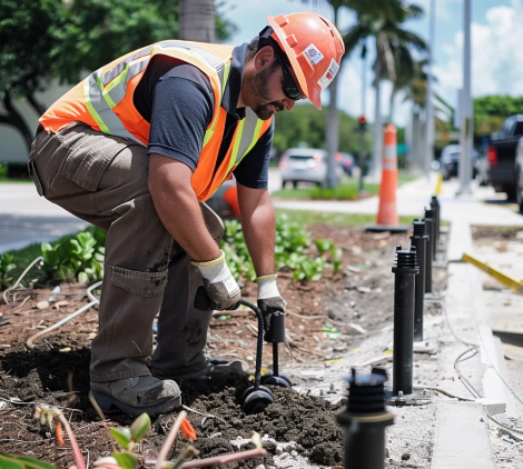 worker installing some bases for the lights of a street